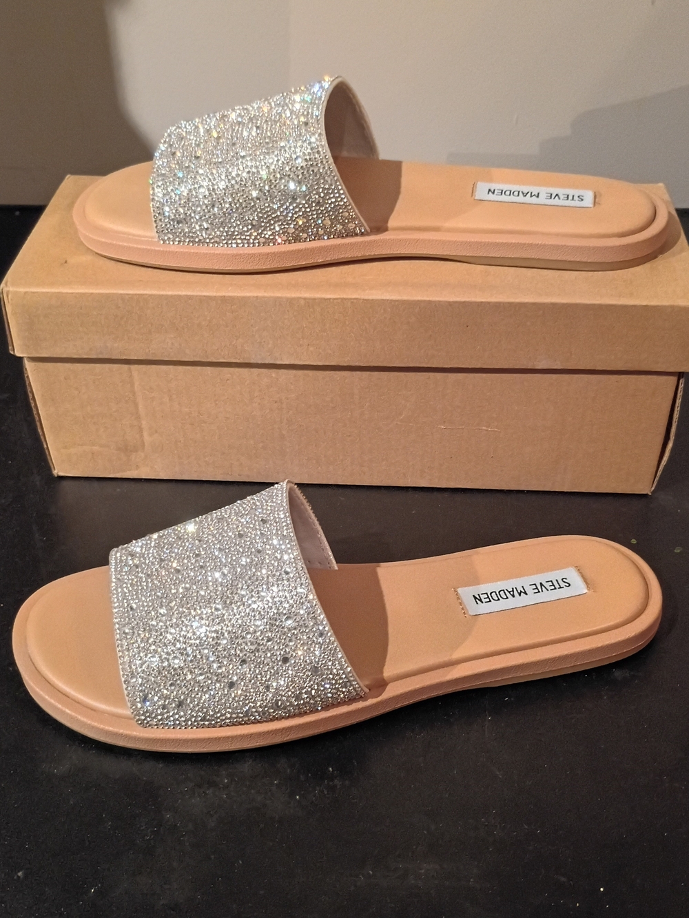 Steve Madden Silver Crystal Embellished Slide Sandals - Picture 2 of 5